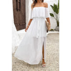 Off Shoulder Solid Tassel Ruffle Trim Split Dress | Mixtshop LLC