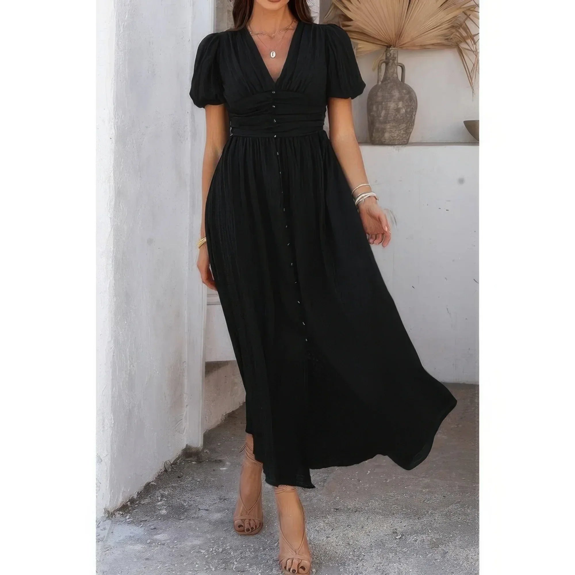 Solid V Neck Puff Sleeves Solid Knot Detail Dress | Mixtshop LLC Main image