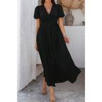 Solid V Neck Puff Sleeves Solid Knot Detail Dress | Mixtshop LLC