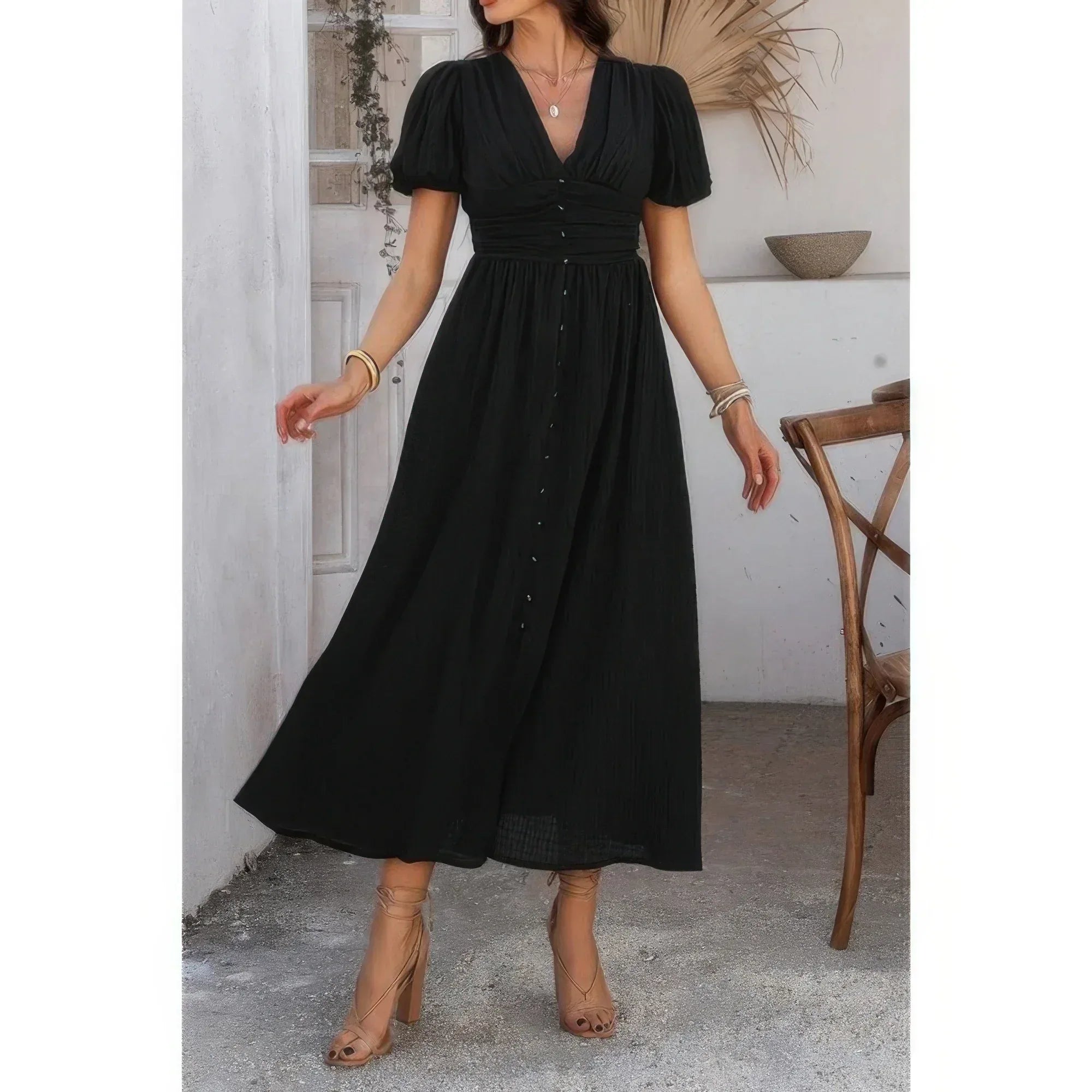 Solid V Neck Puff Sleeves Solid Knot Detail Dress | Mixtshop LLC