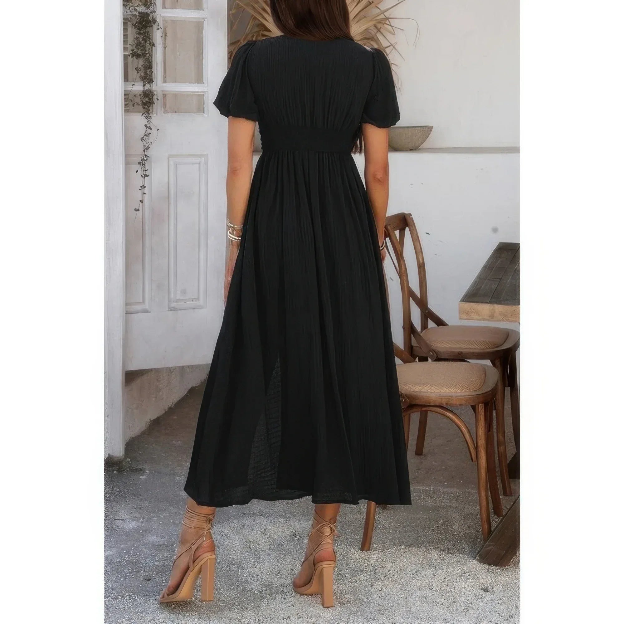 Solid V Neck Puff Sleeves Solid Knot Detail Dress | Mixtshop LLC