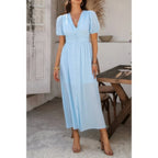 Solid V Neck Puff Sleeves Solid Knot Detail Dress | Mixtshop LLC