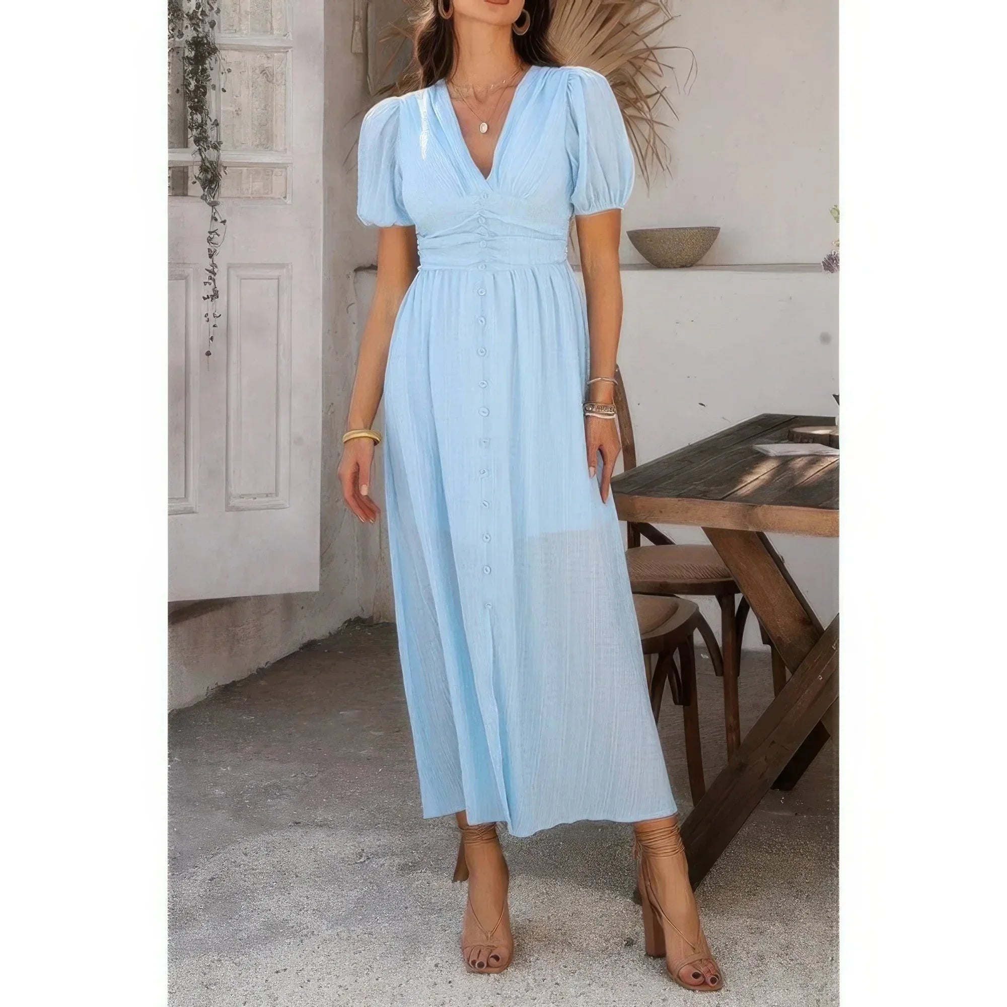 Solid V Neck Puff Sleeves Solid Knot Detail Dress | Mixtshop LLC