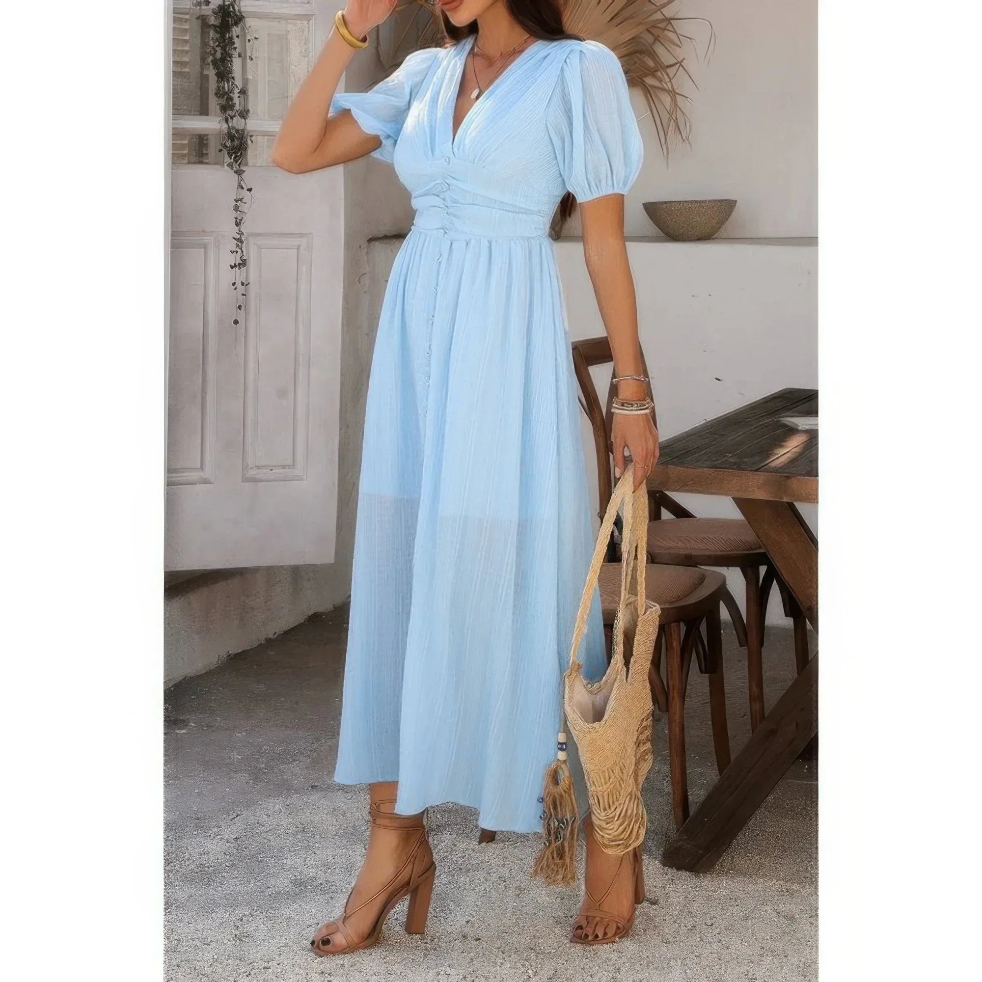 Solid V Neck Puff Sleeves Solid Knot Detail Dress | Mixtshop LLC