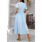 Solid V Neck Puff Sleeves Solid Knot Detail Dress | Mixtshop LLC