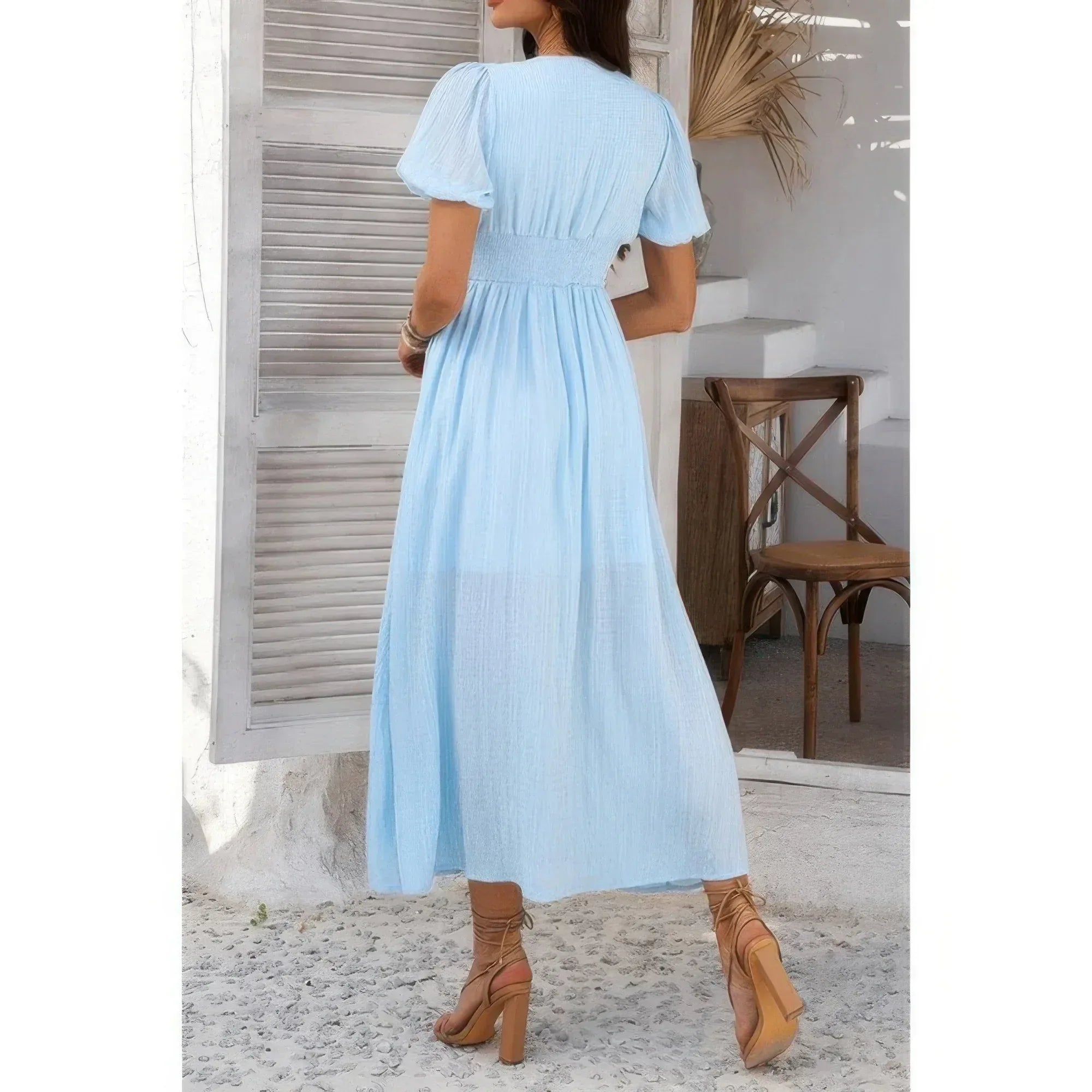 Solid V Neck Puff Sleeves Solid Knot Detail Dress | Mixtshop LLC