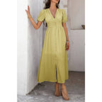 Solid V Neck Puff Sleeves Solid Knot Detail Dress | Mixtshop LLC