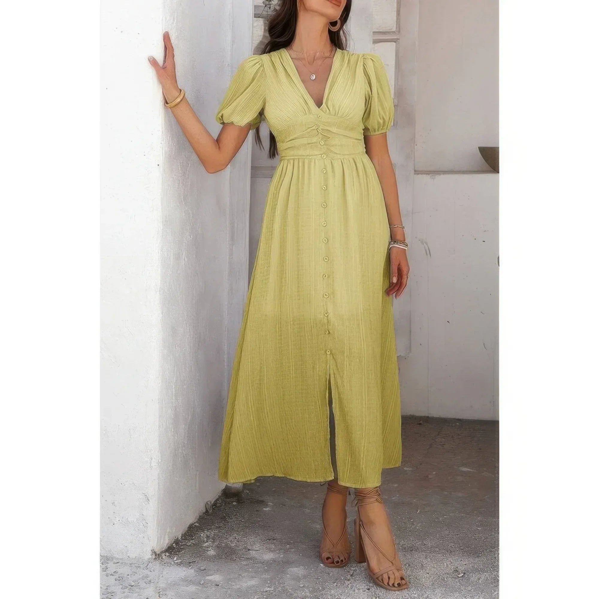 Solid V Neck Puff Sleeves Solid Knot Detail Dress | Mixtshop LLC
