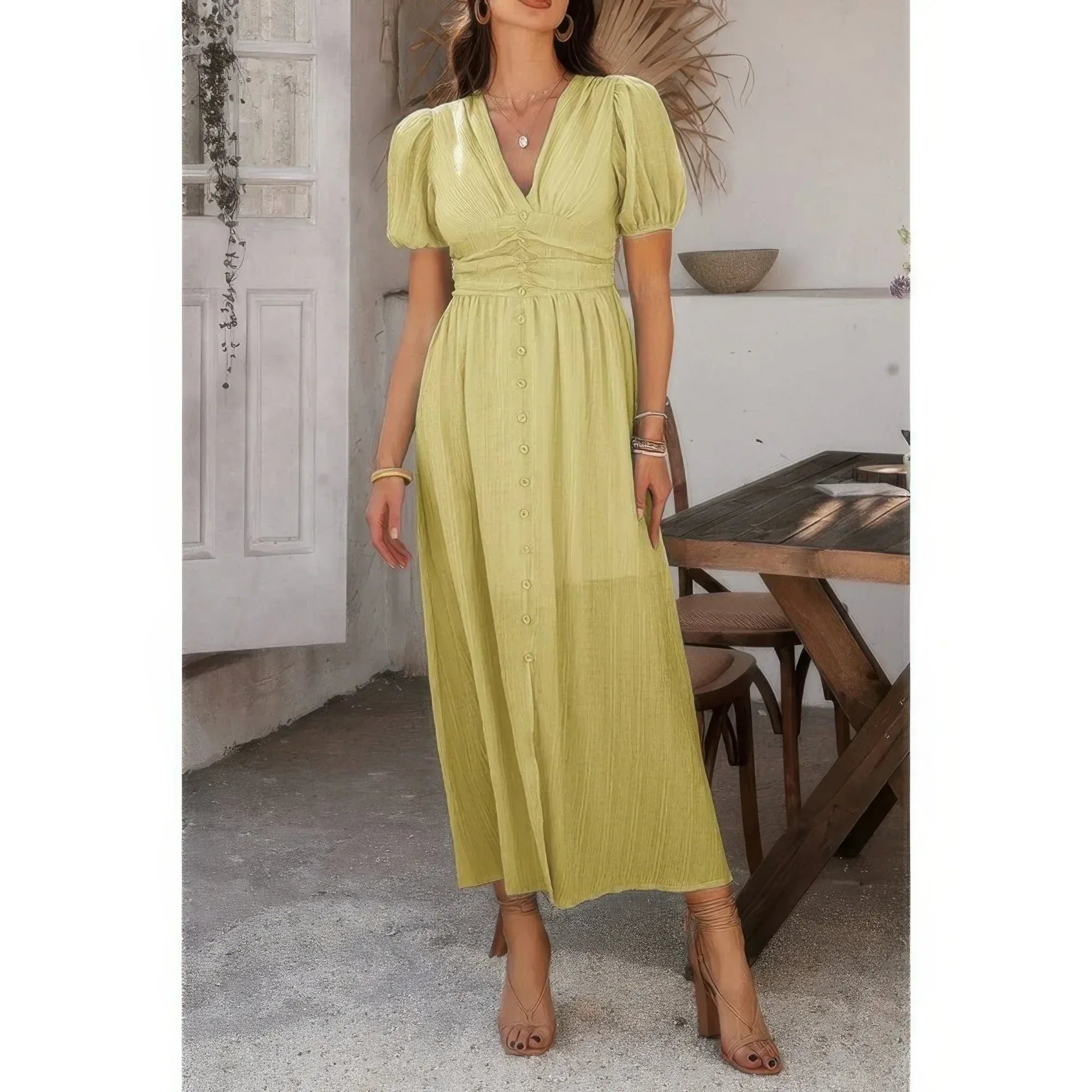 Solid V Neck Puff Sleeves Solid Knot Detail Dress | Mixtshop LLC