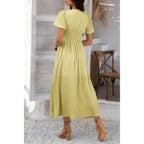 Solid V Neck Puff Sleeves Solid Knot Detail Dress | Mixtshop LLC