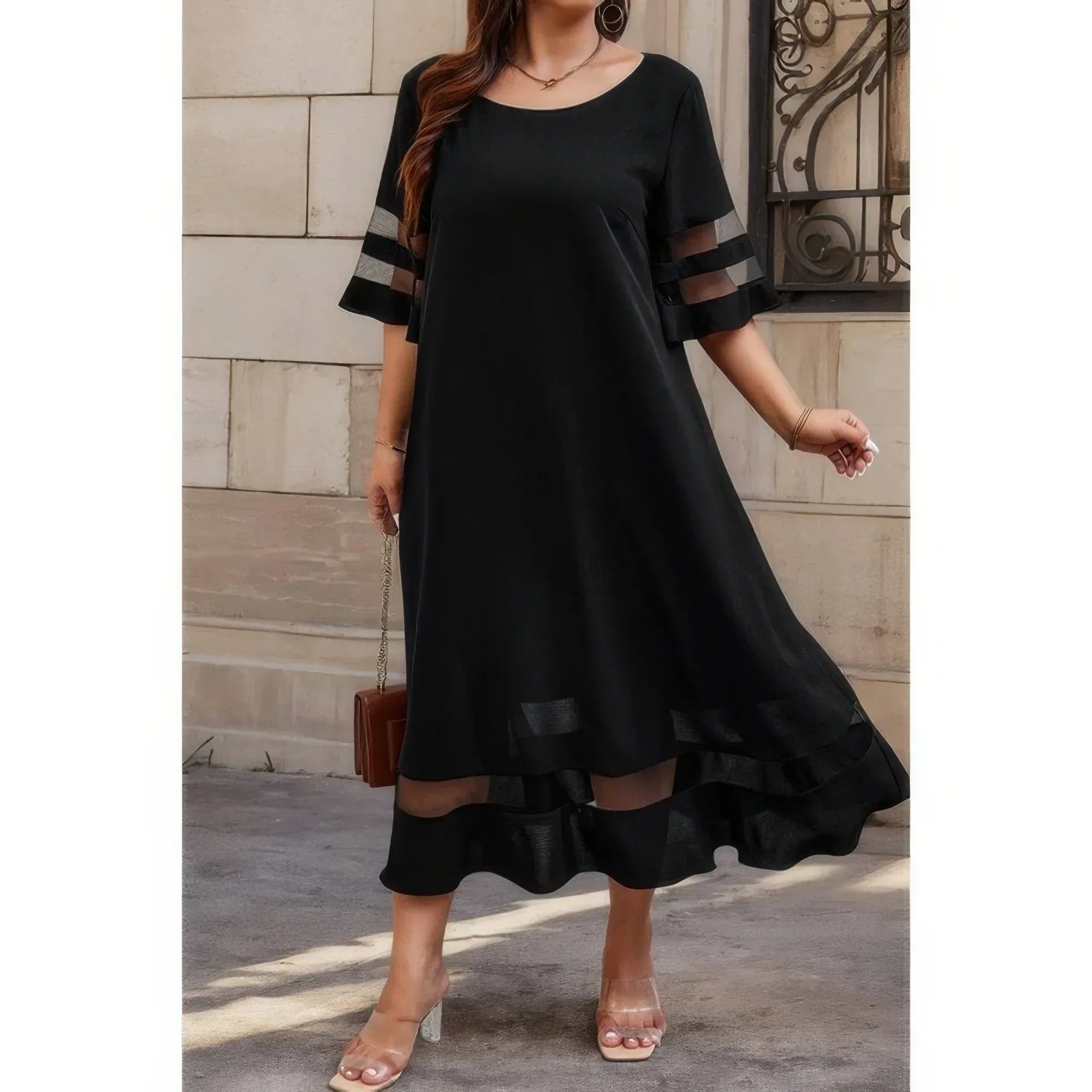 Plus Size Mesh Splicing Round Neck Long Dress | Mixtshop LLC