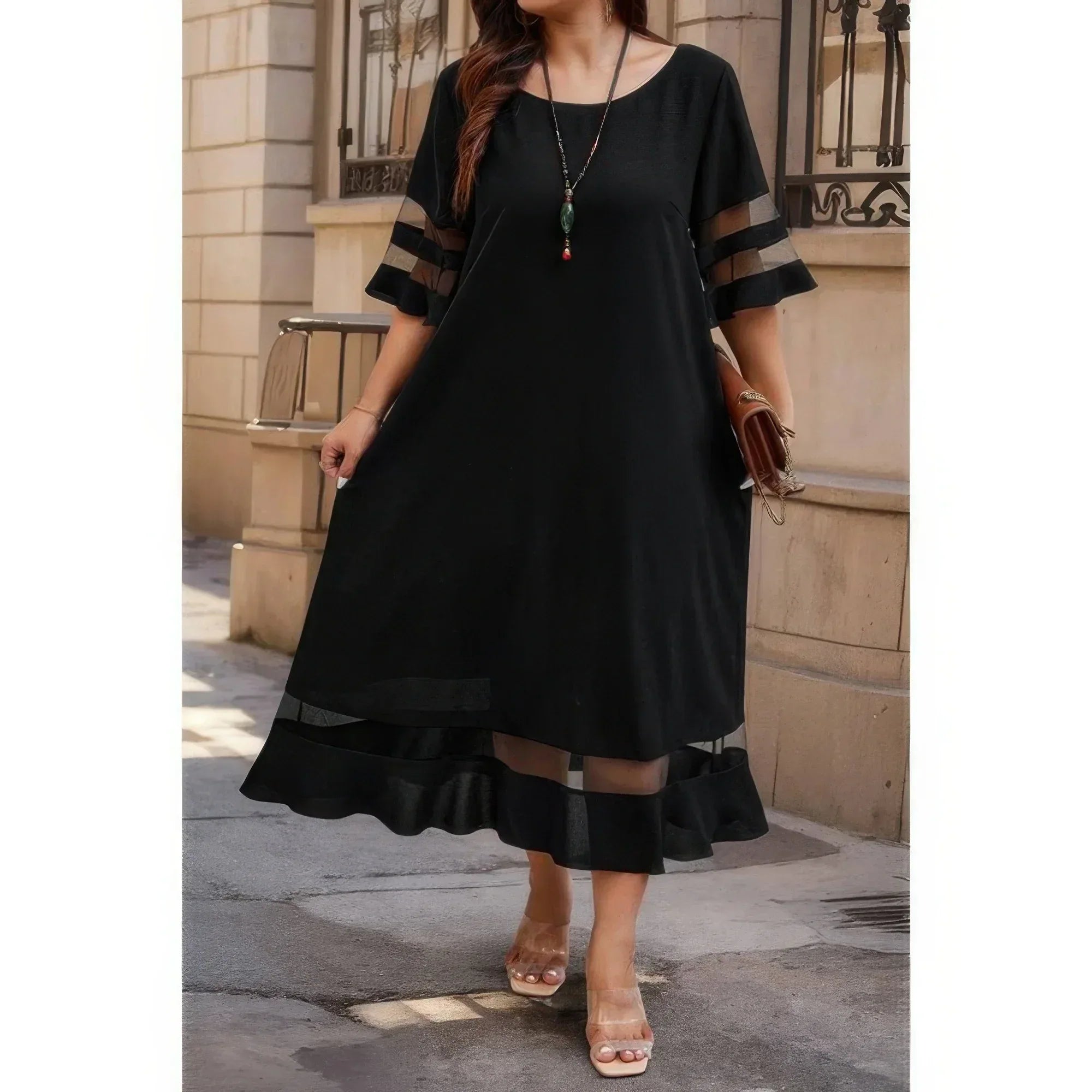 Plus Size Mesh Splicing Round Neck Long Dress Secondary image