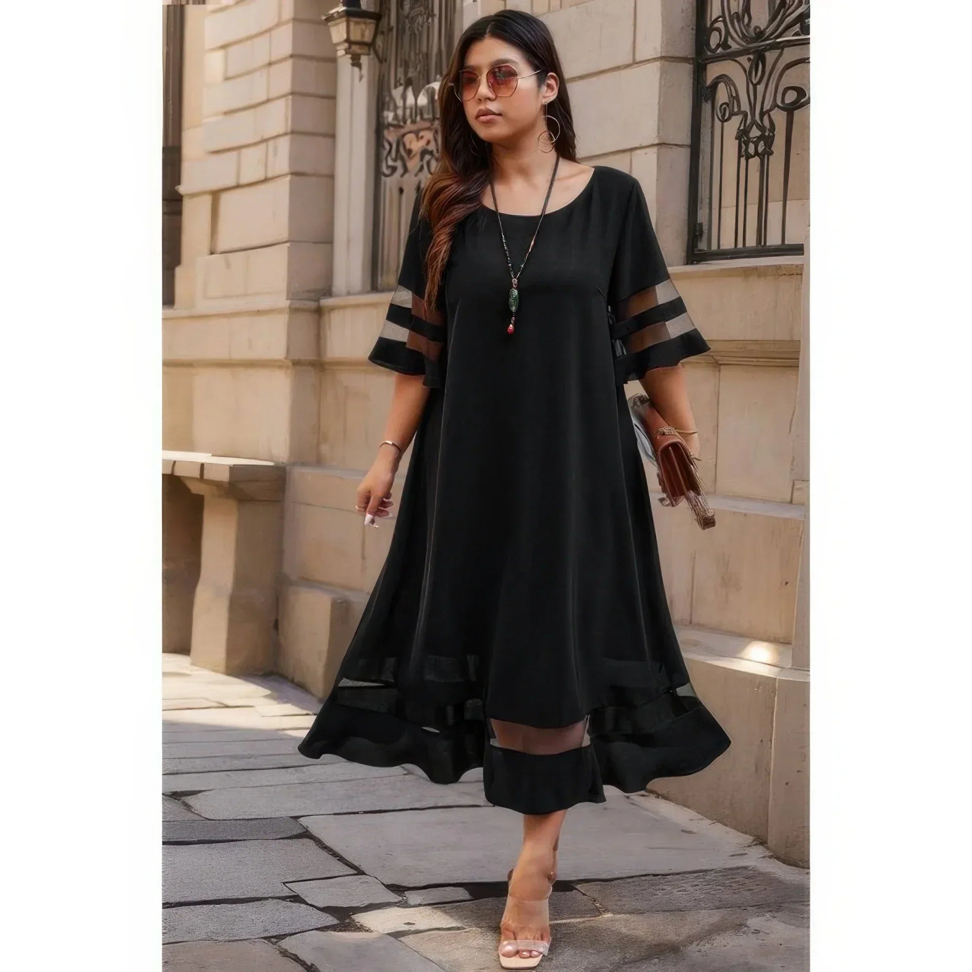Plus Size Mesh Splicing Round Neck Long Dress | Mixtshop LLC