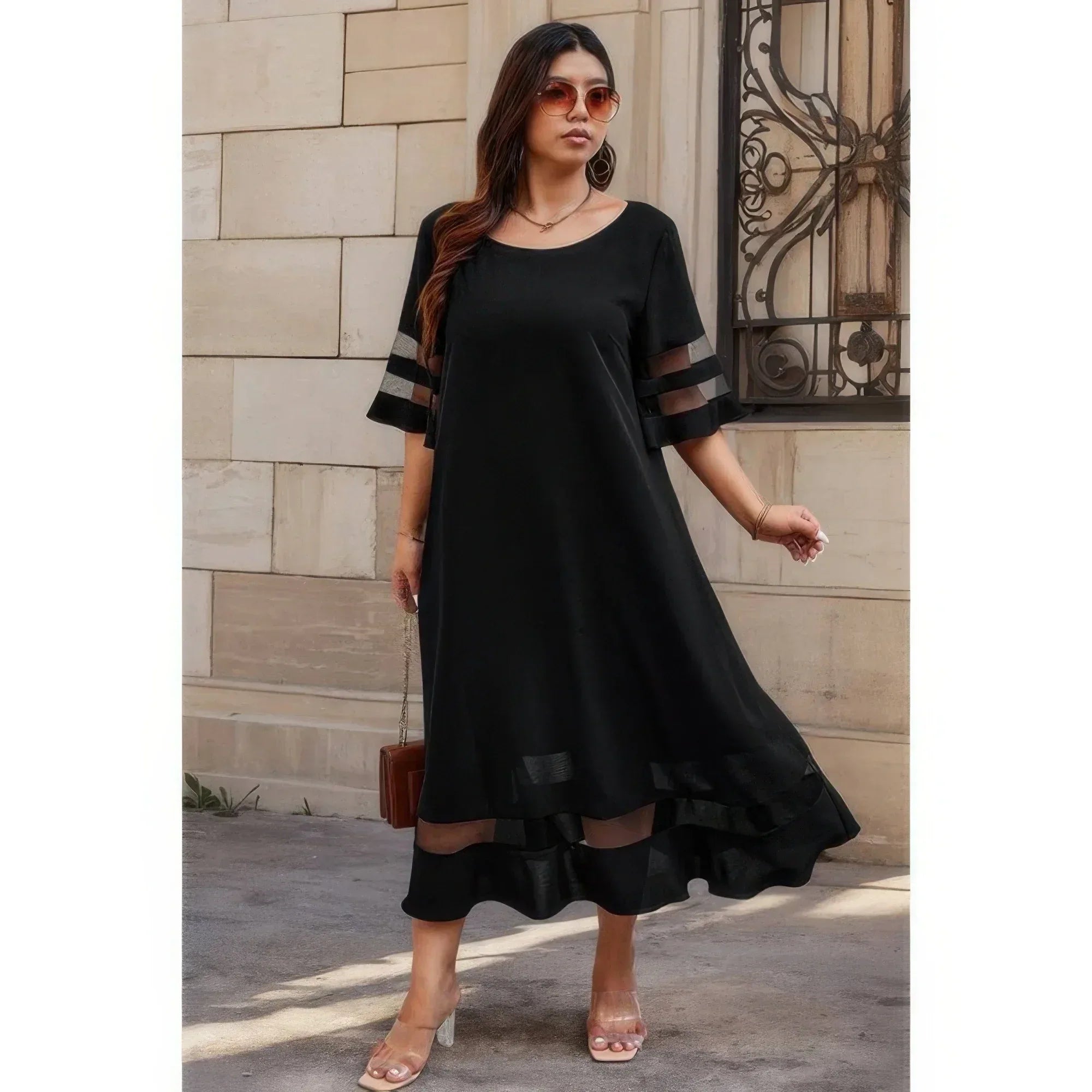 Plus Size Mesh Splicing Round Neck Long Dress | Mixtshop LLC