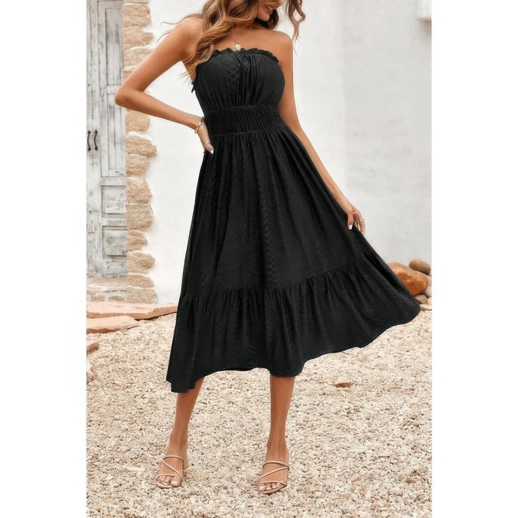 Solid Off Shoulder Elasit Waist Ruffle Dress Secondary image