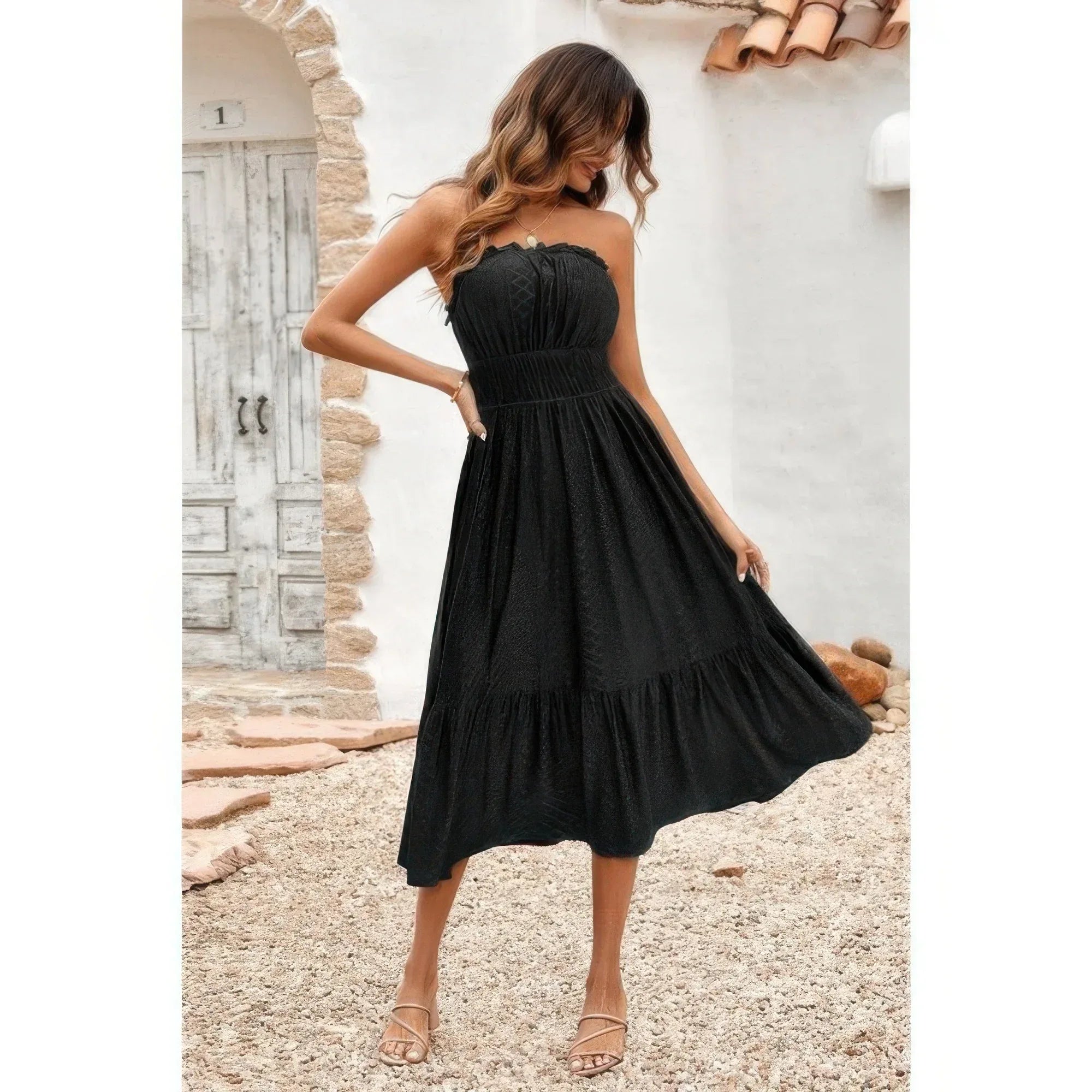 Solid Off Shoulder Elasit Waist Ruffle Dress | Mixtshop LLC