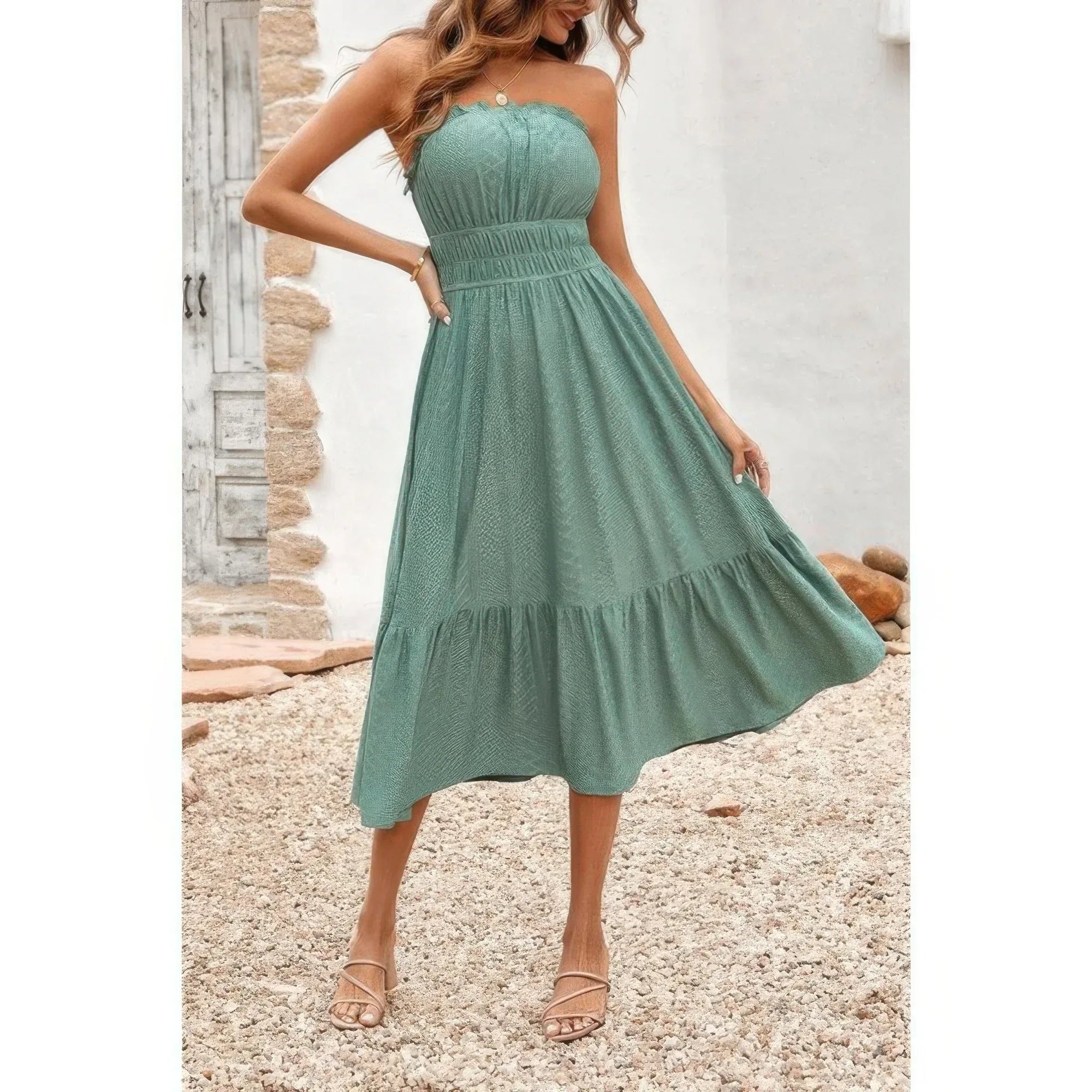 Solid Off Shoulder Elasit Waist Ruffle Dress | Mixtshop LLC