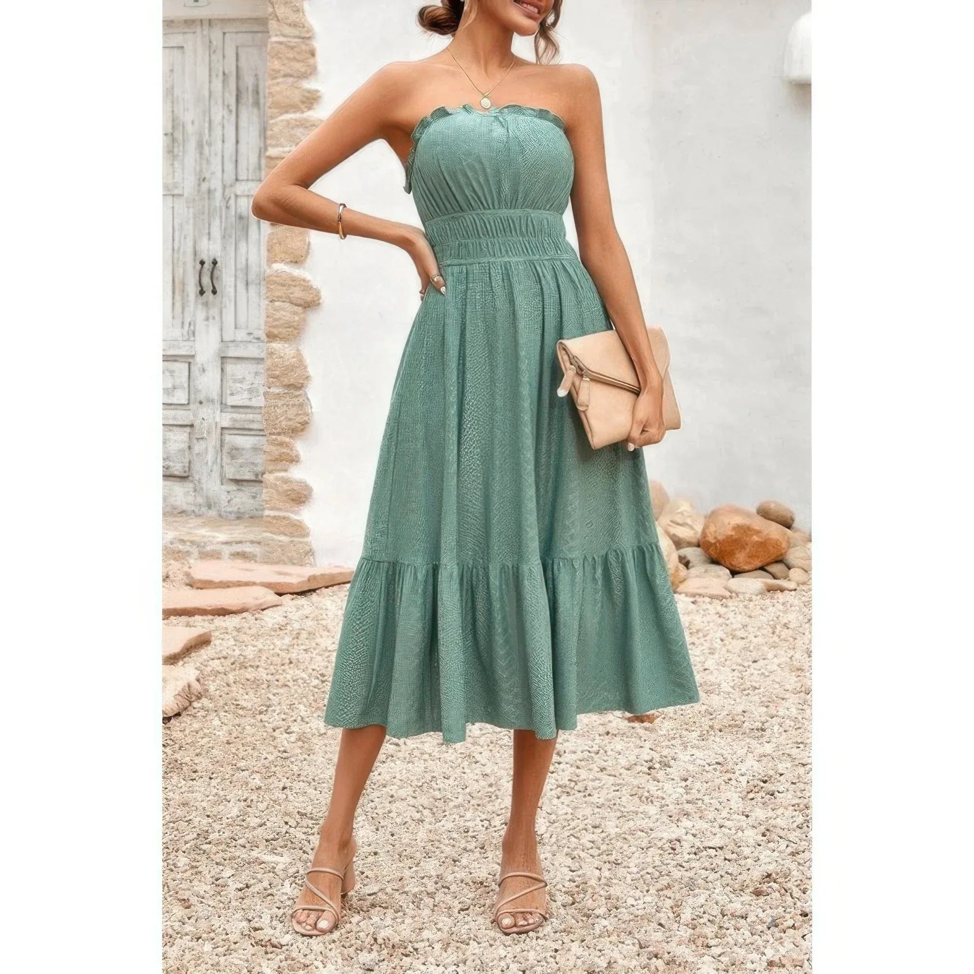 Solid Off Shoulder Elasit Waist Ruffle Dress | Mixtshop LLC