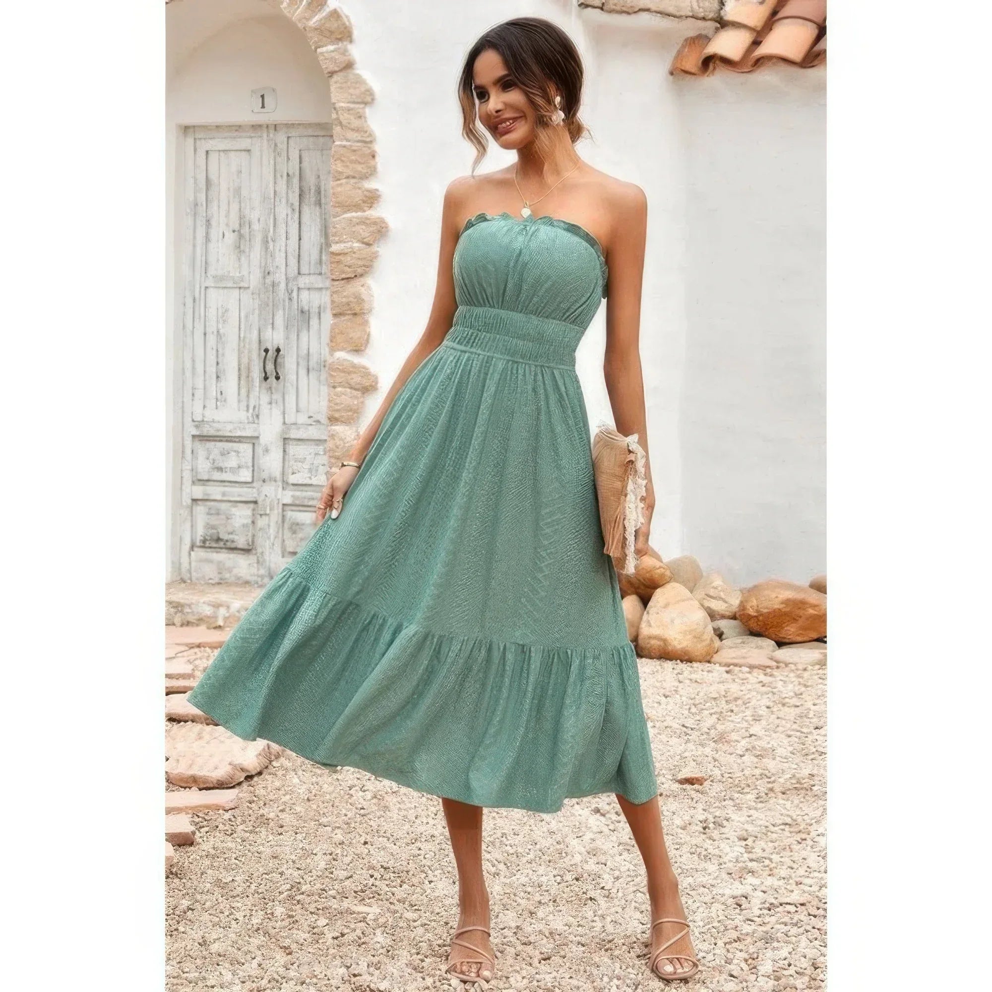 Solid Off Shoulder Elasit Waist Ruffle Dress | Mixtshop LLC