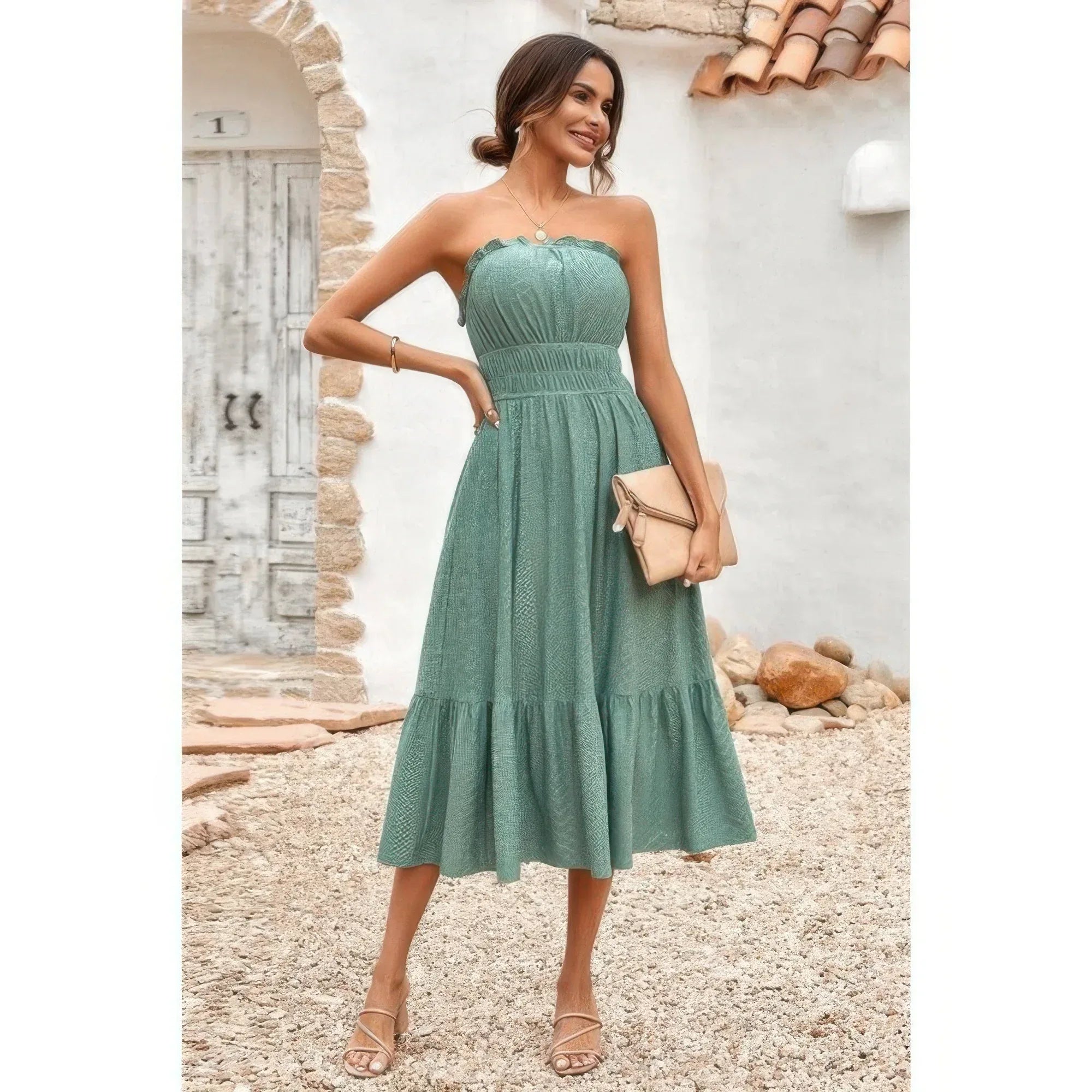 Solid Off Shoulder Elasit Waist Ruffle Dress | Mixtshop LLC