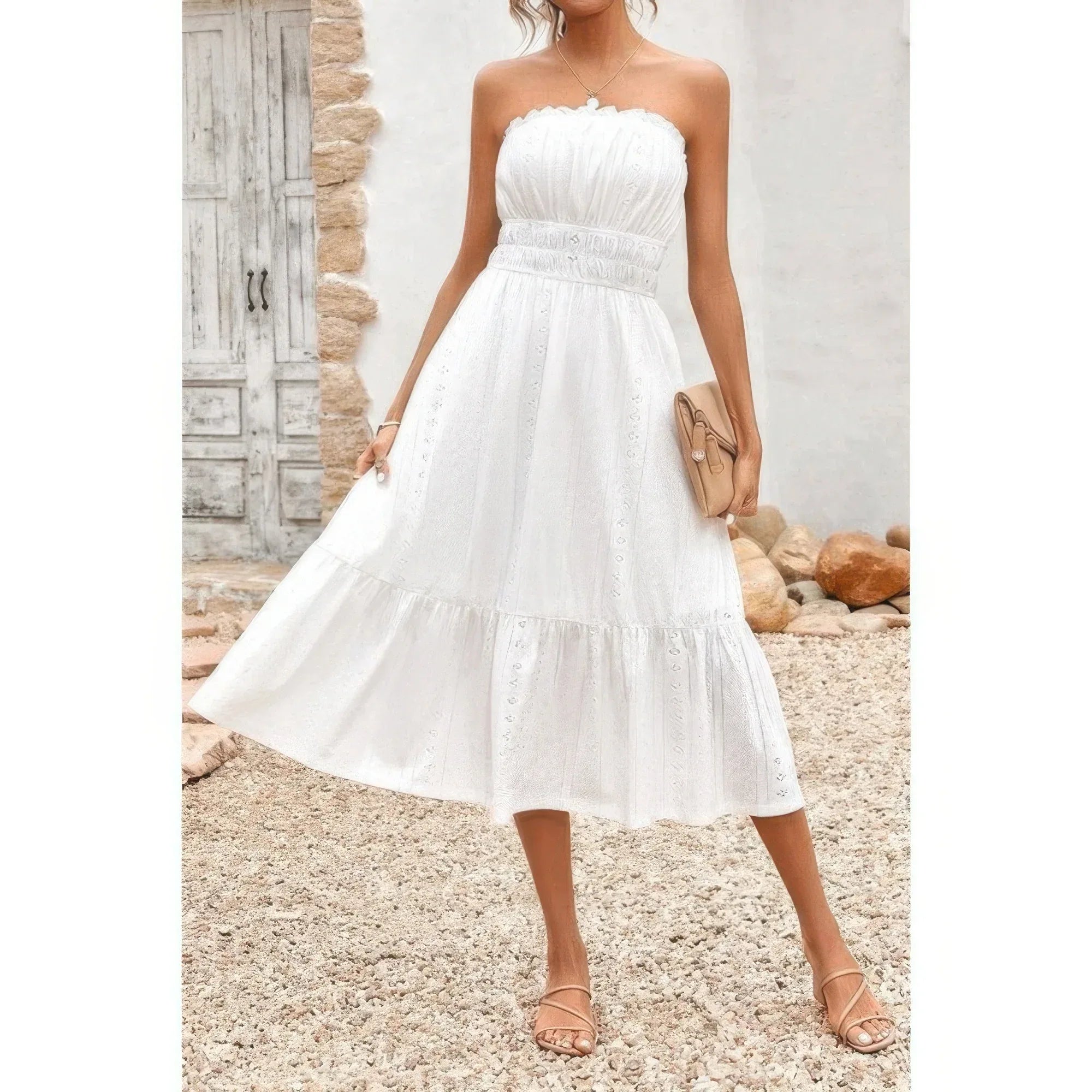 Solid Off Shoulder Elasit Waist Ruffle Dress | Mixtshop LLC