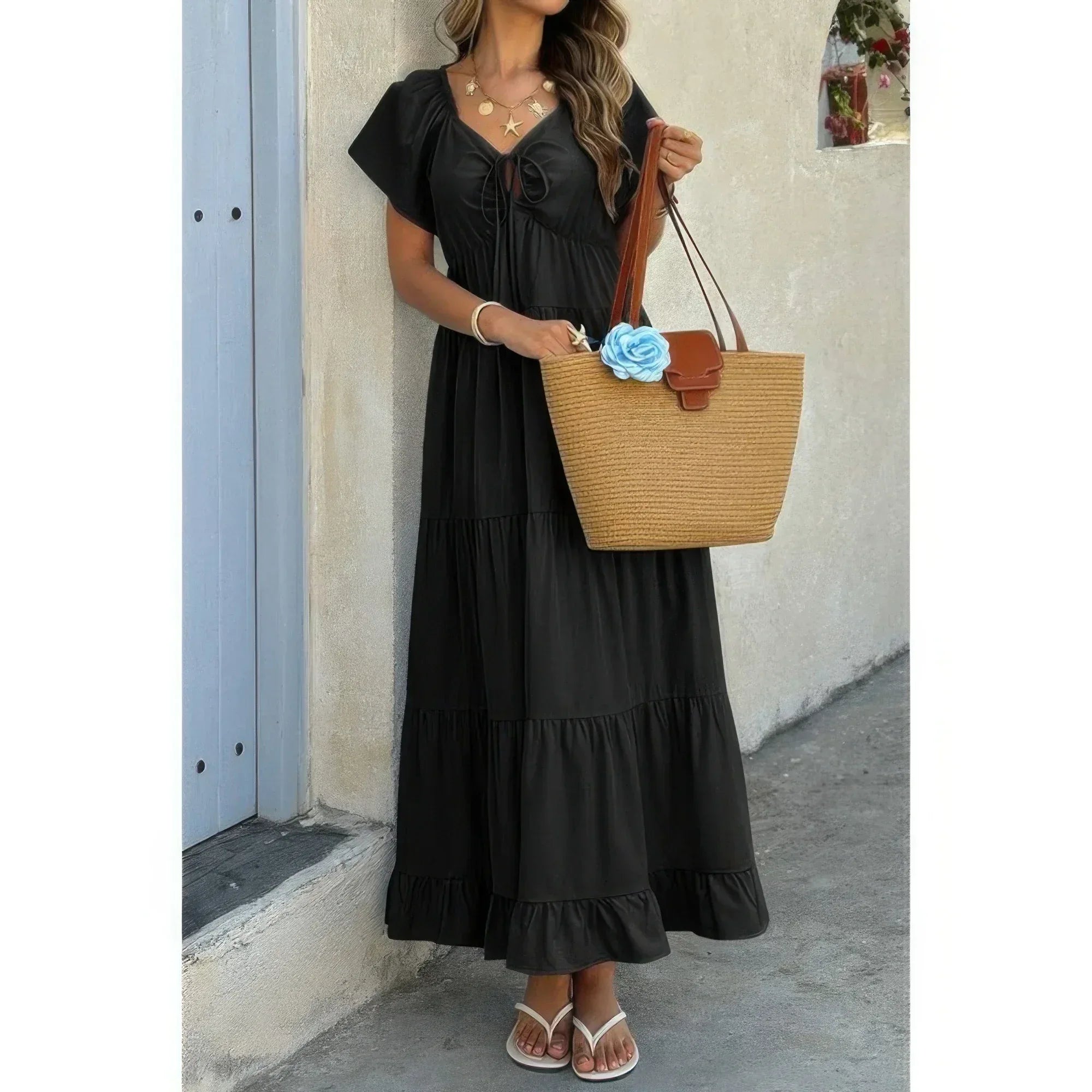 Square Neck Cross Knot Pockets Ruffle Hem Dress | Mixtshop LLC Main image