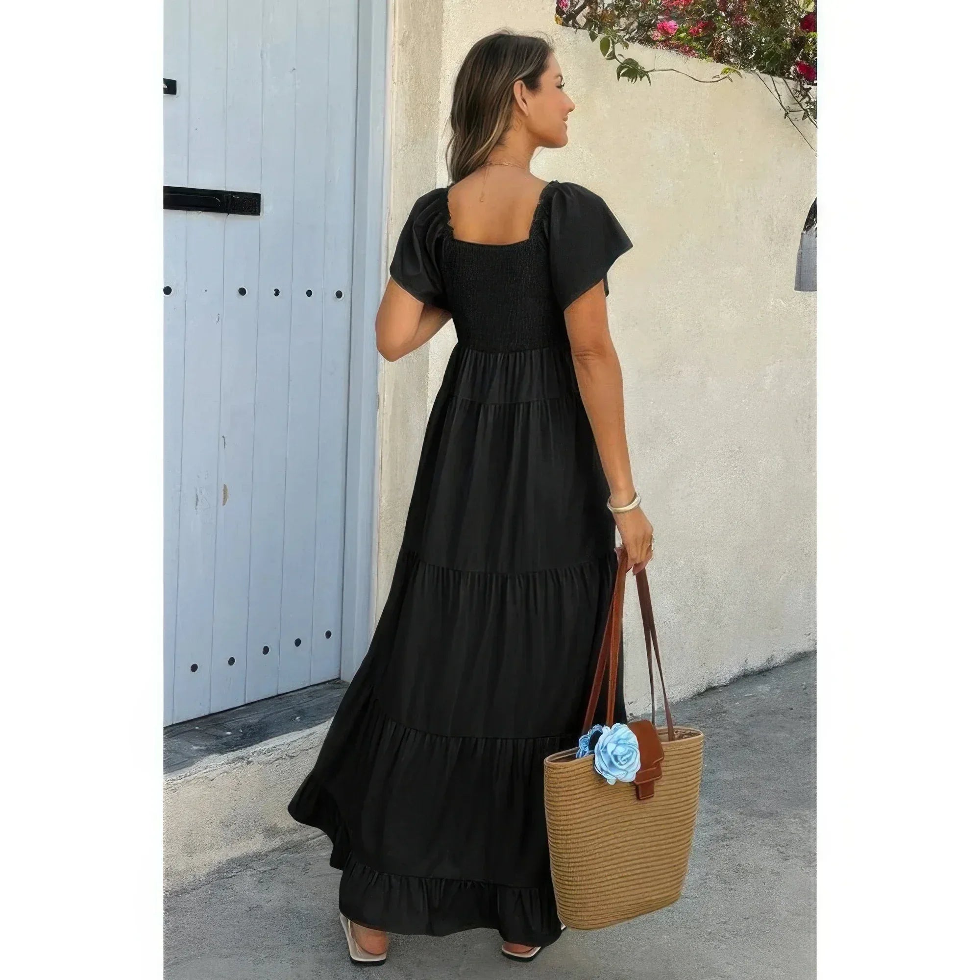 Square Neck Cross Knot Pockets Ruffle Hem Dress | Mixtshop LLC