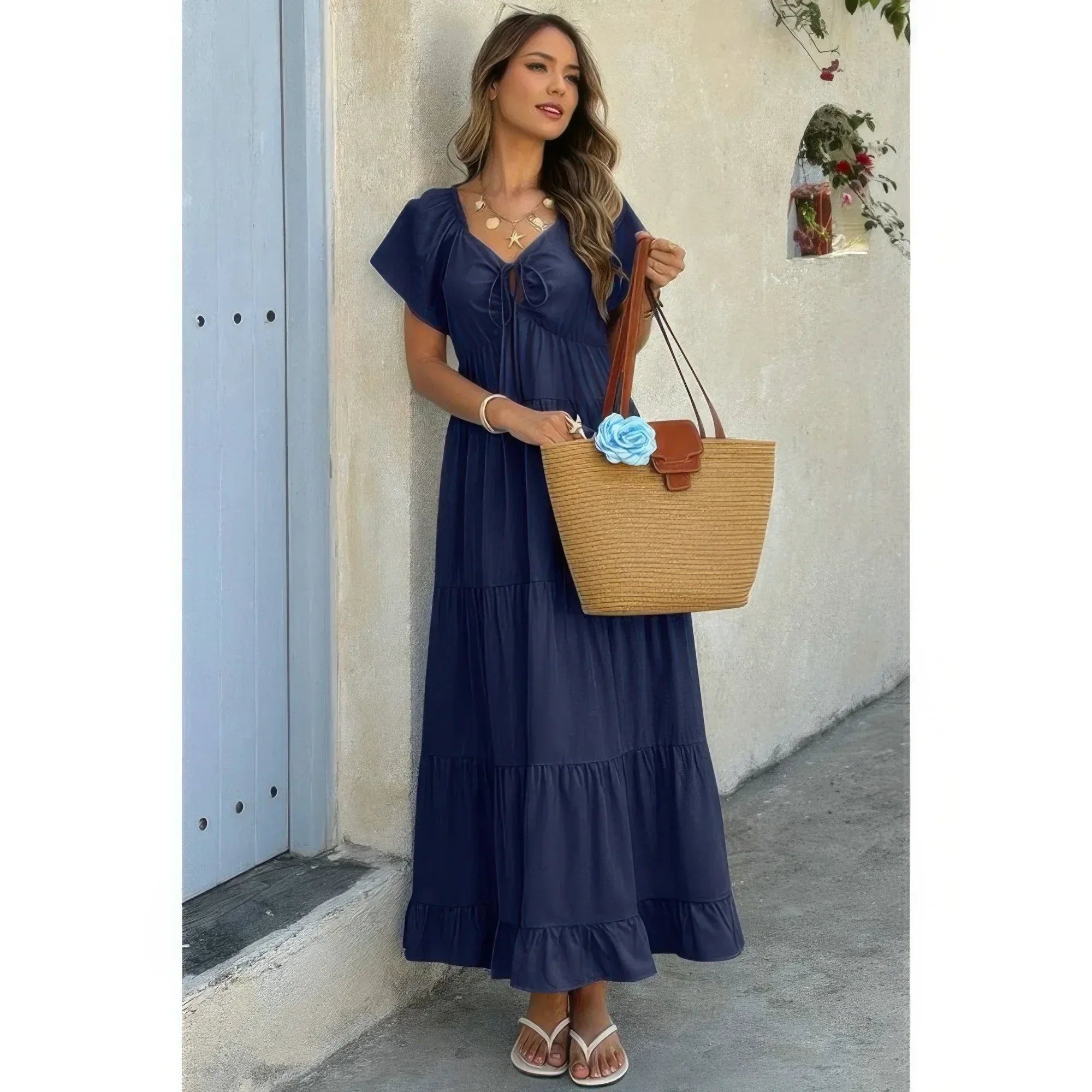 Square Neck Cross Knot Pockets Ruffle Hem Dress | Mixtshop LLC