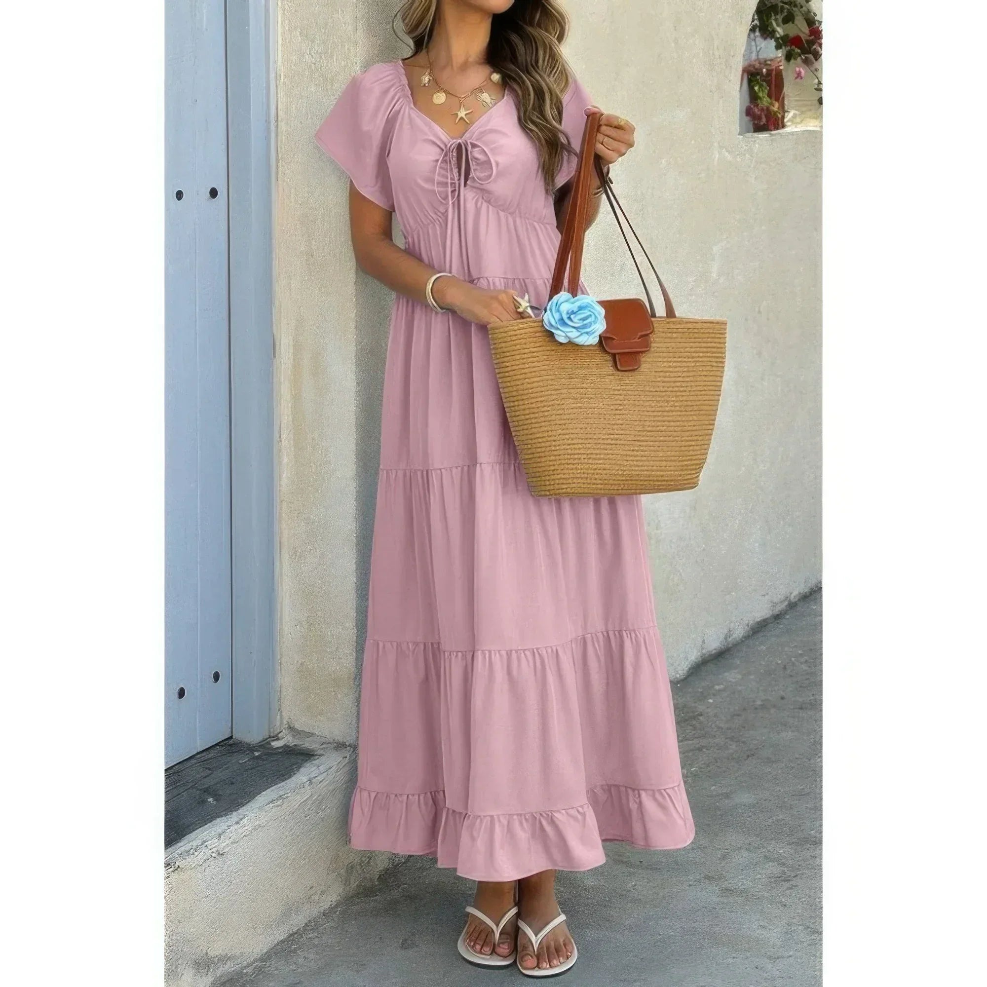Square Neck Cross Knot Pockets Ruffle Hem Dress | Mixtshop LLC