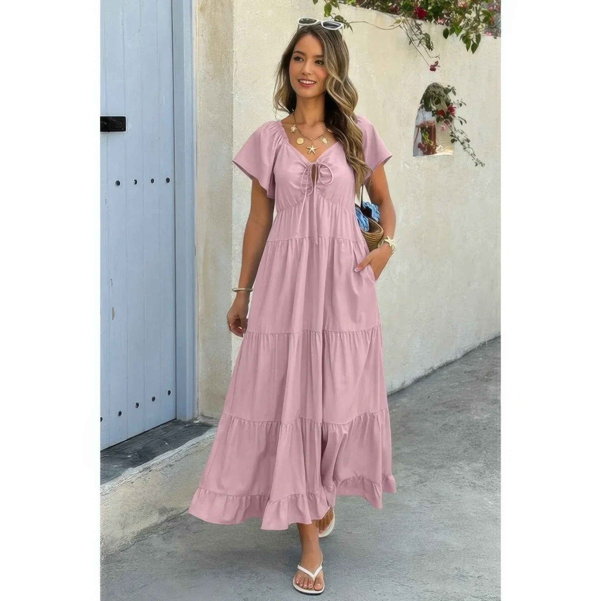 Square Neck Cross Knot Pockets Ruffle Hem Dress | Mixtshop LLC