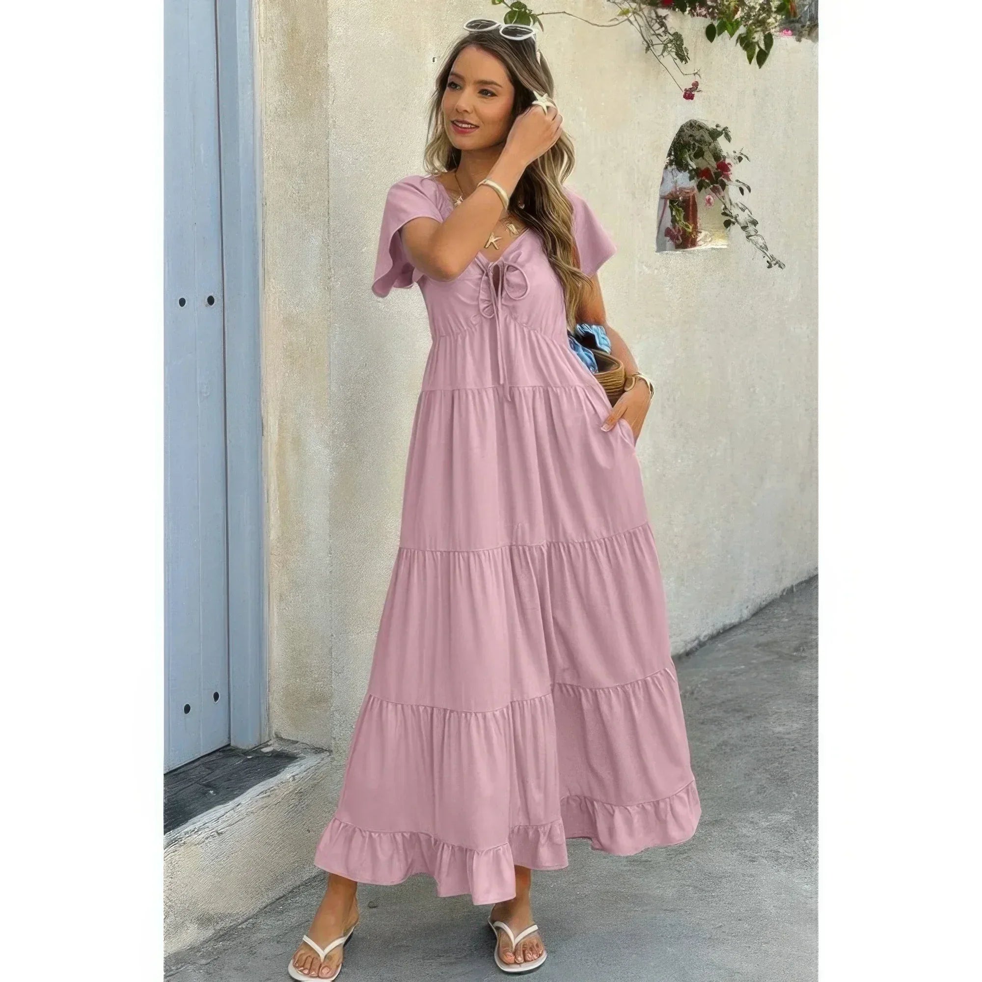 Square Neck Cross Knot Pockets Ruffle Hem Dress | Mixtshop LLC