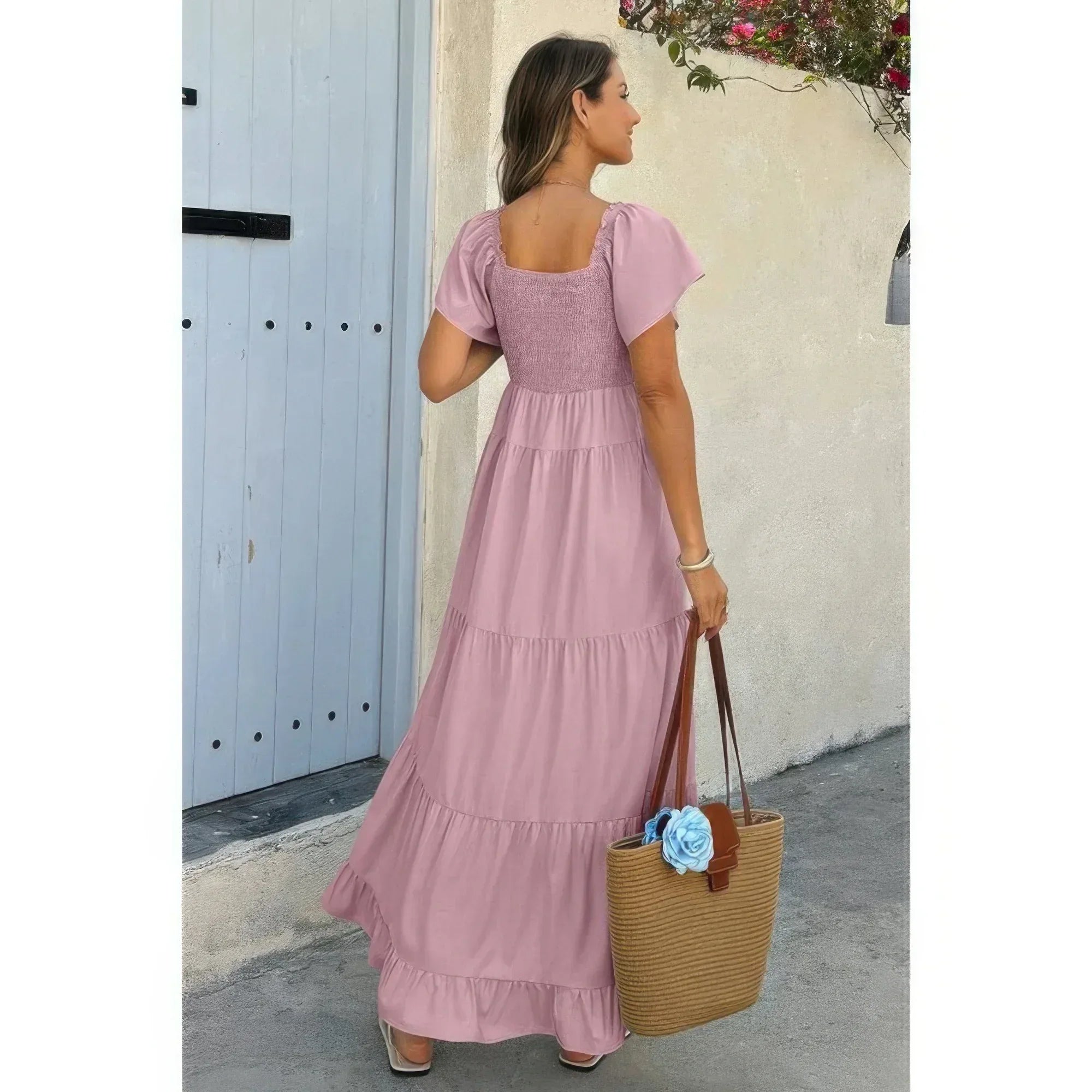 Square Neck Cross Knot Pockets Ruffle Hem Dress | Mixtshop LLC