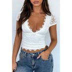 Solid Color Block V Neck Lace Trim Fit Shirt | Mixtshop LLC