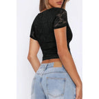 Solid Color Block V Neck Lace Trim Fit Shirt | Mixtshop LLC