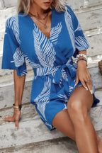 Leaf Print V Neck Belt Fit Bat Sleeves Romper | Mixtshop LLC