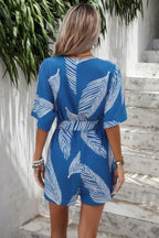 Leaf Print V Neck Belt Fit Bat Sleeves Romper | Mixtshop LLC