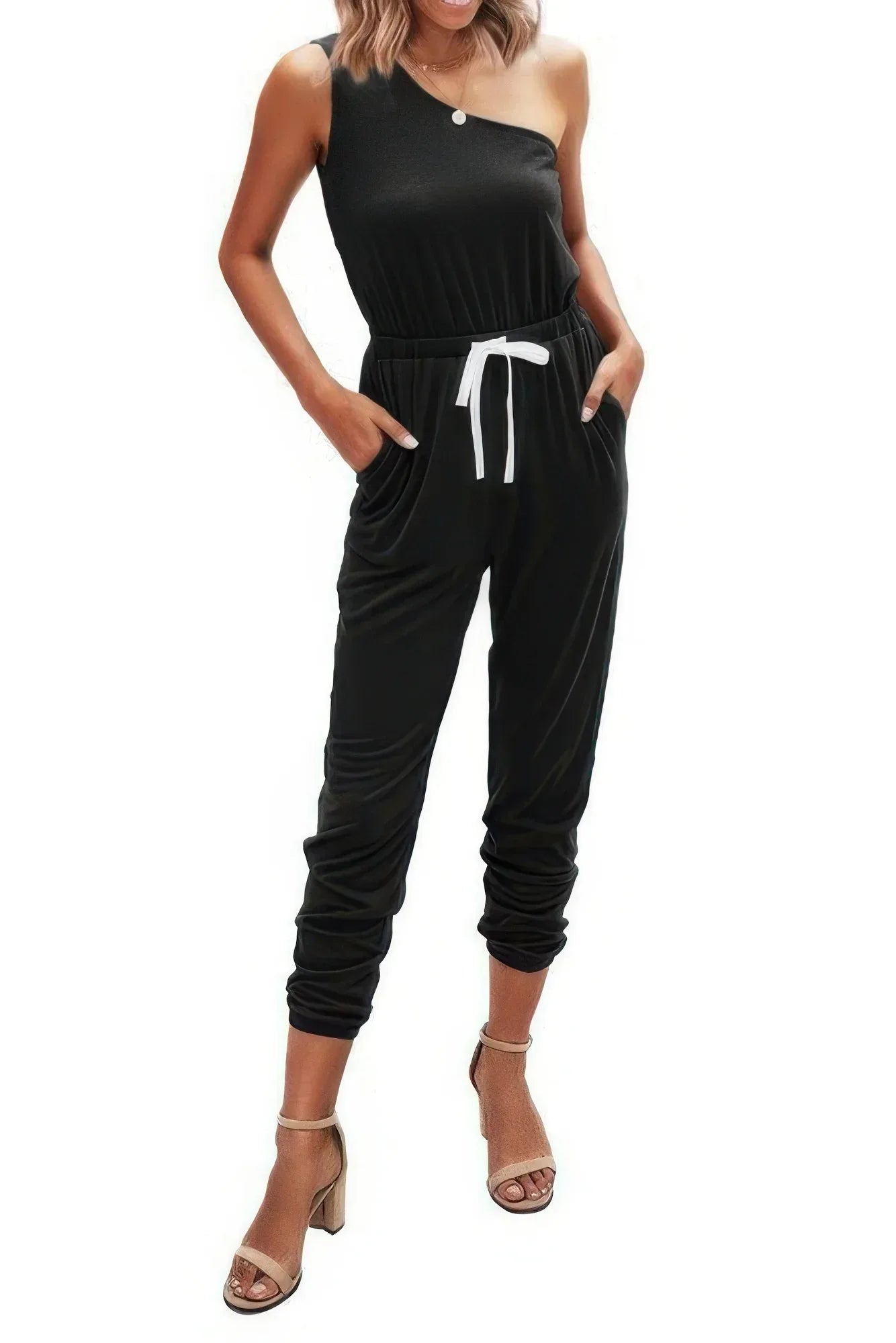 One Shoulder Sleeveless Elastic Waist Jumpsuit | Mixtshop LLC Main image