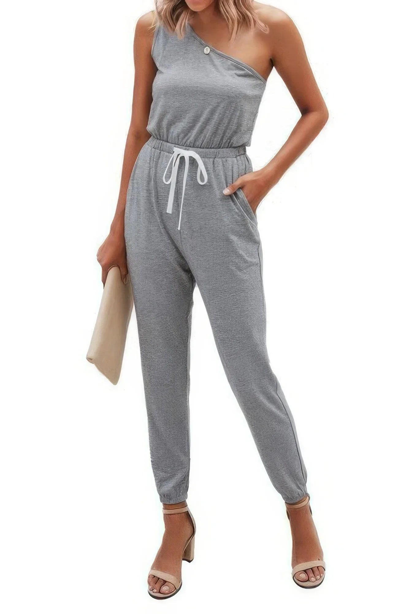 One Shoulder Sleeveless Elastic Waist Jumpsuit | Mixtshop LLC