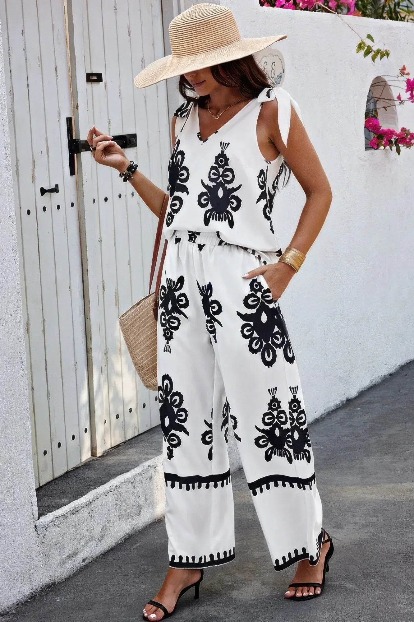 Floral Knot Shoulder Sleeveless Elastic Waist Sets | Mixtshop LLC