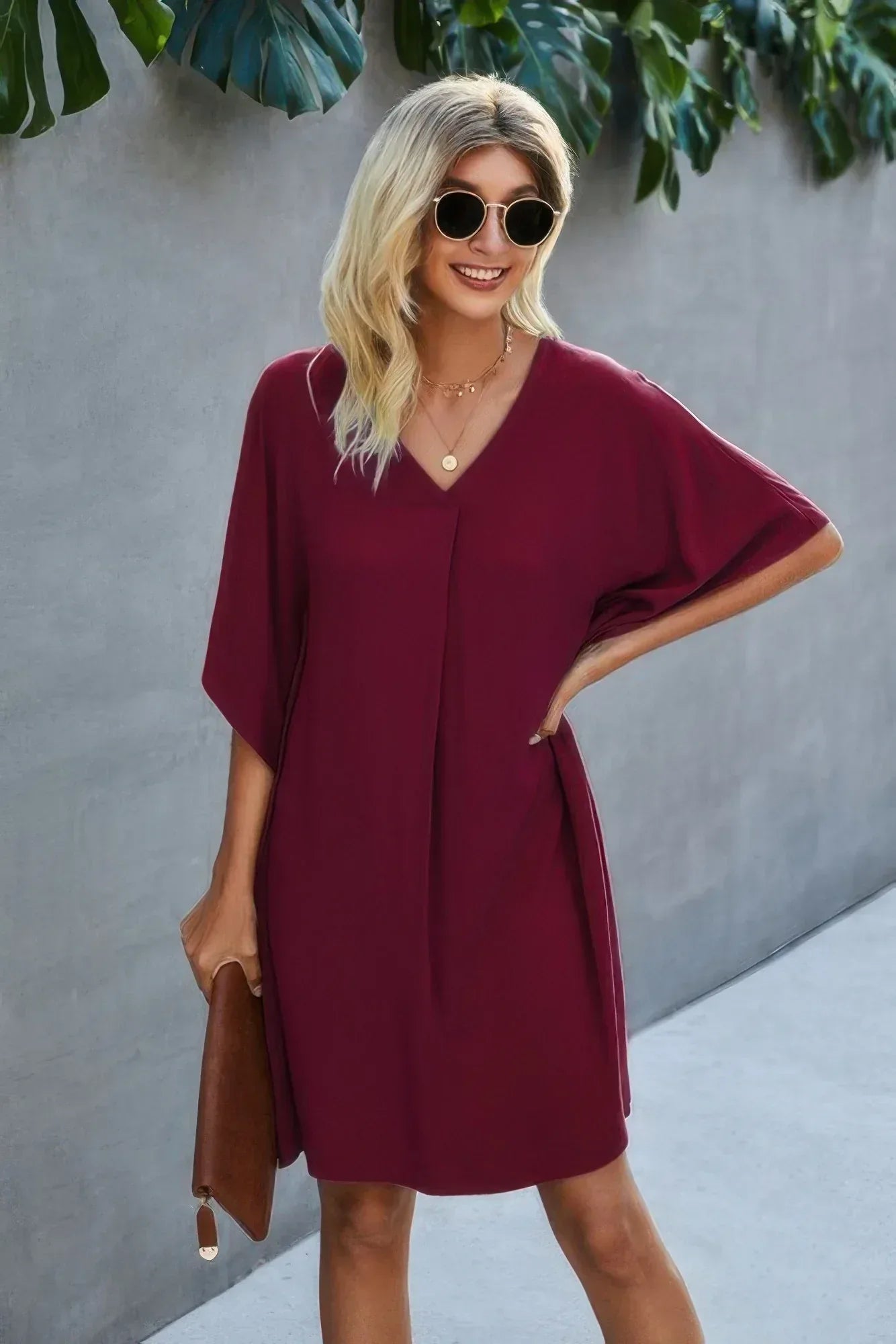 Solid Batwing Short Sleeve Sleeve Tunic Dress | Mixtshop LLC Main image