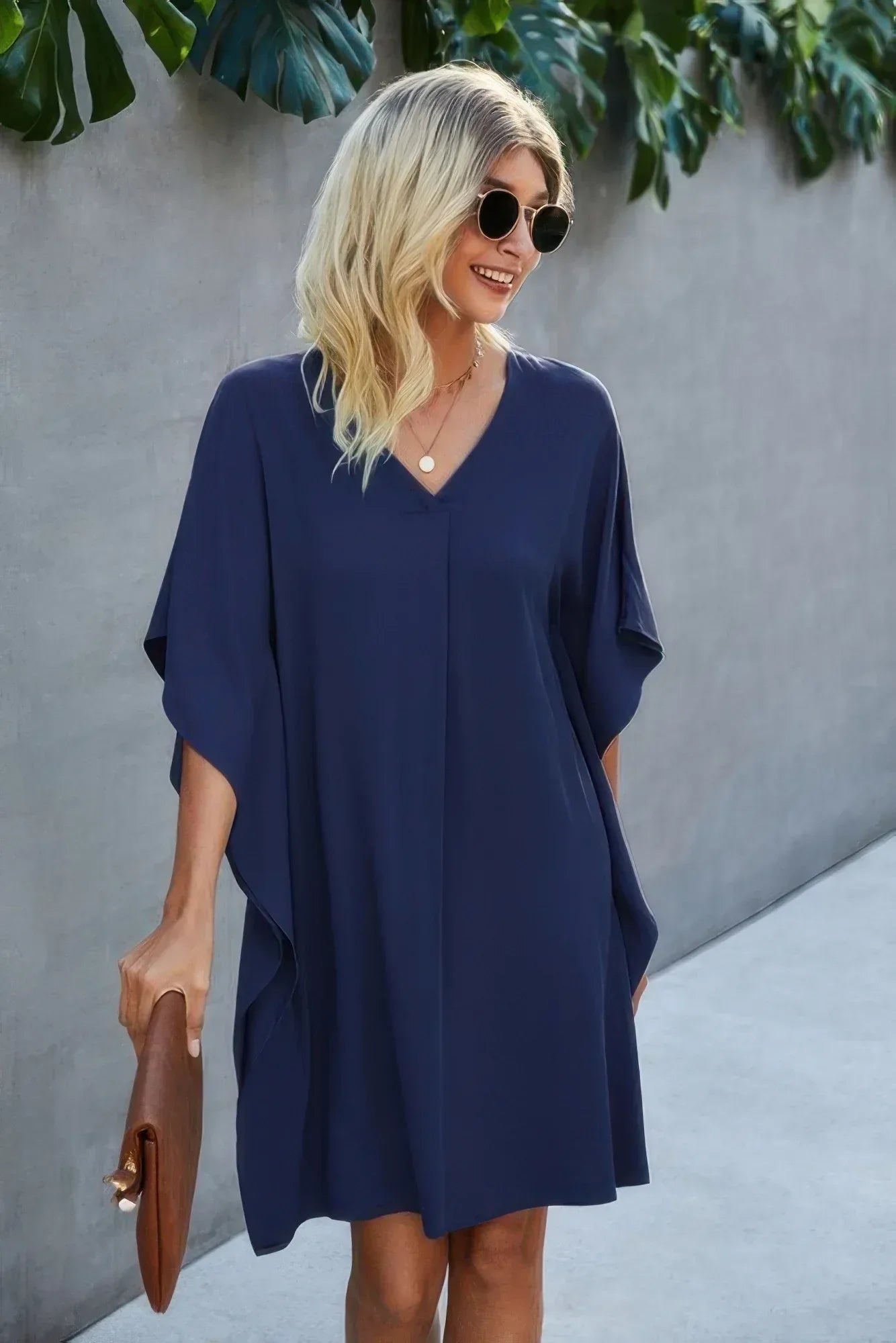 Solid Batwing Short Sleeve Sleeve Tunic Dress | Mixtshop LLC