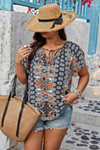 Plus Size Allover Printed Tie Front Short Sleeve Blouse | Mixtshop LLC