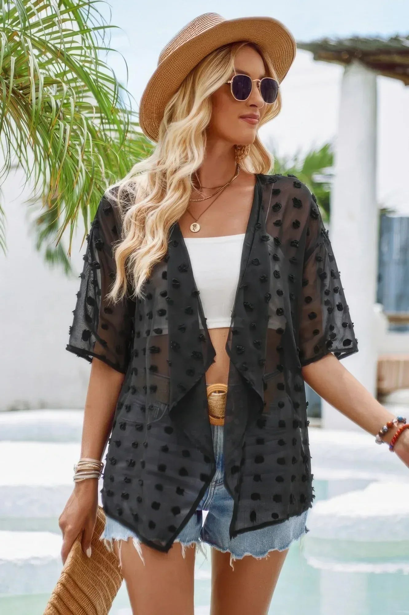 Draped Collar Swiss Dot Cover Up Cardigan Top | Mixtshop LLC