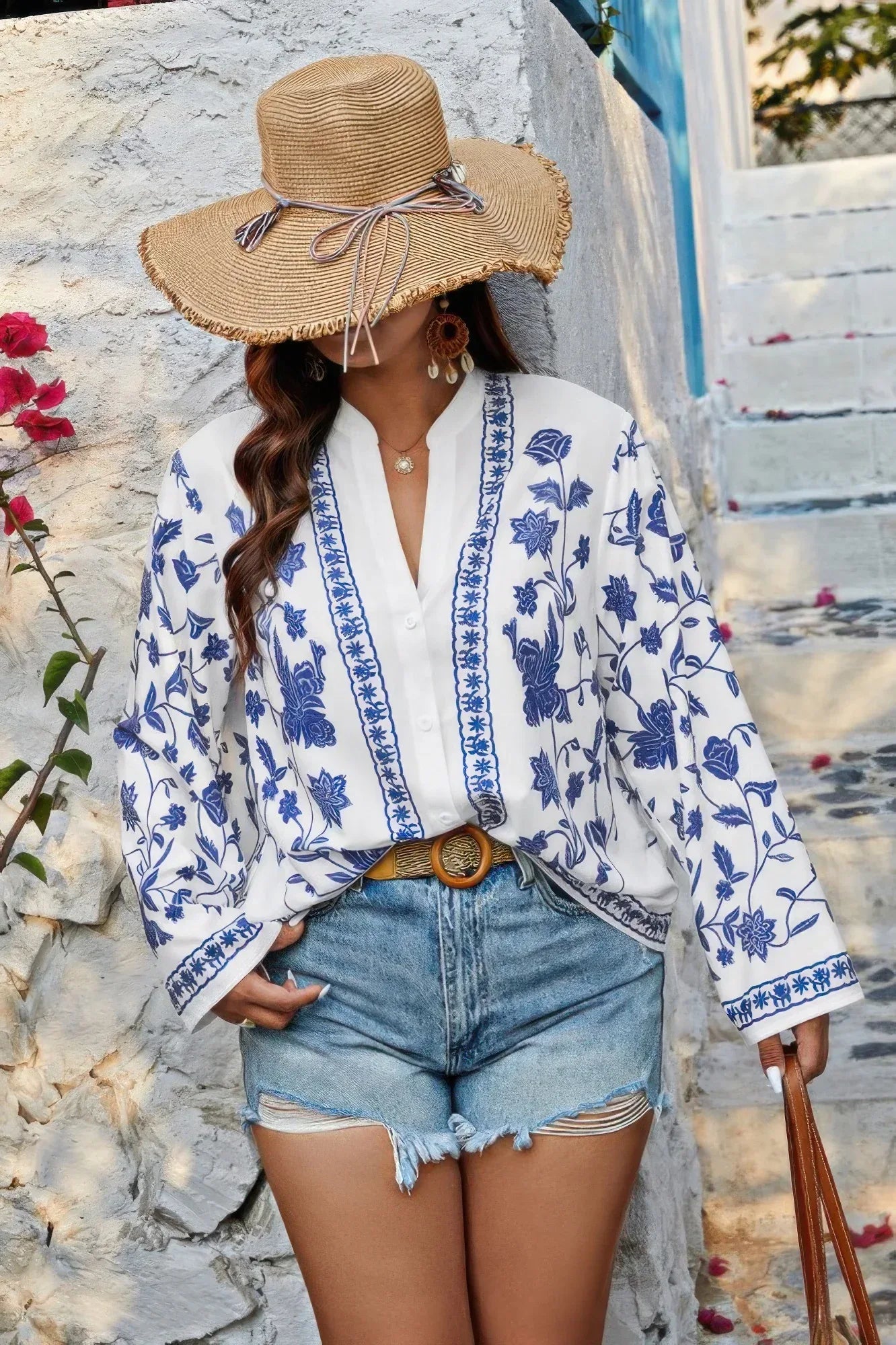 Plus Size V Neck Button Floral Print Loose Blouse | Mixtshop LLC