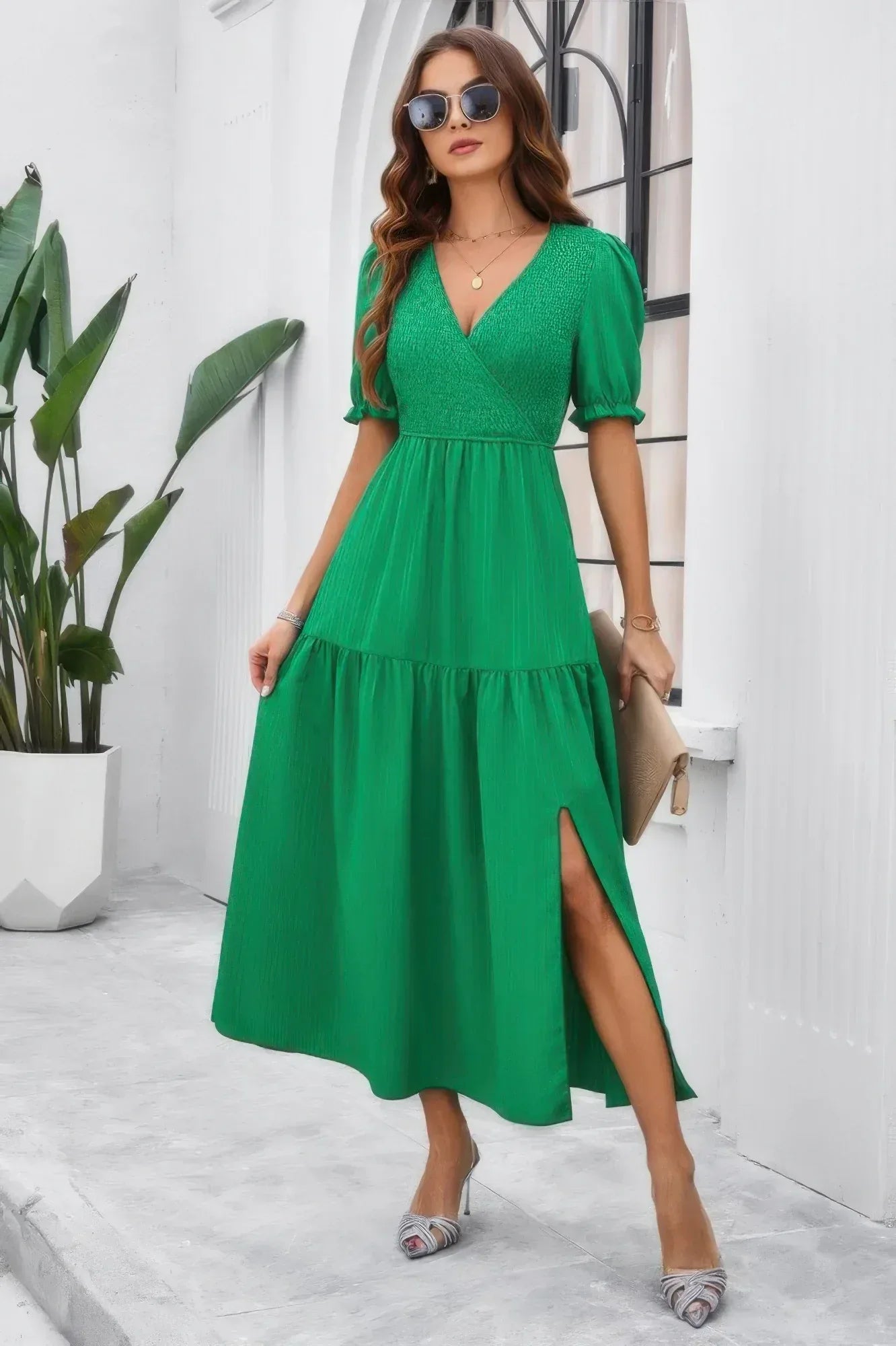 Solid V Neck Ruched High Waist Puff Sleeve Dress | Mixtshop LLC Main image