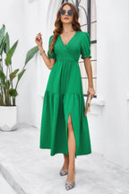 Solid V Neck Ruched High Waist Puff Sleeve Dress | Mixtshop LLC