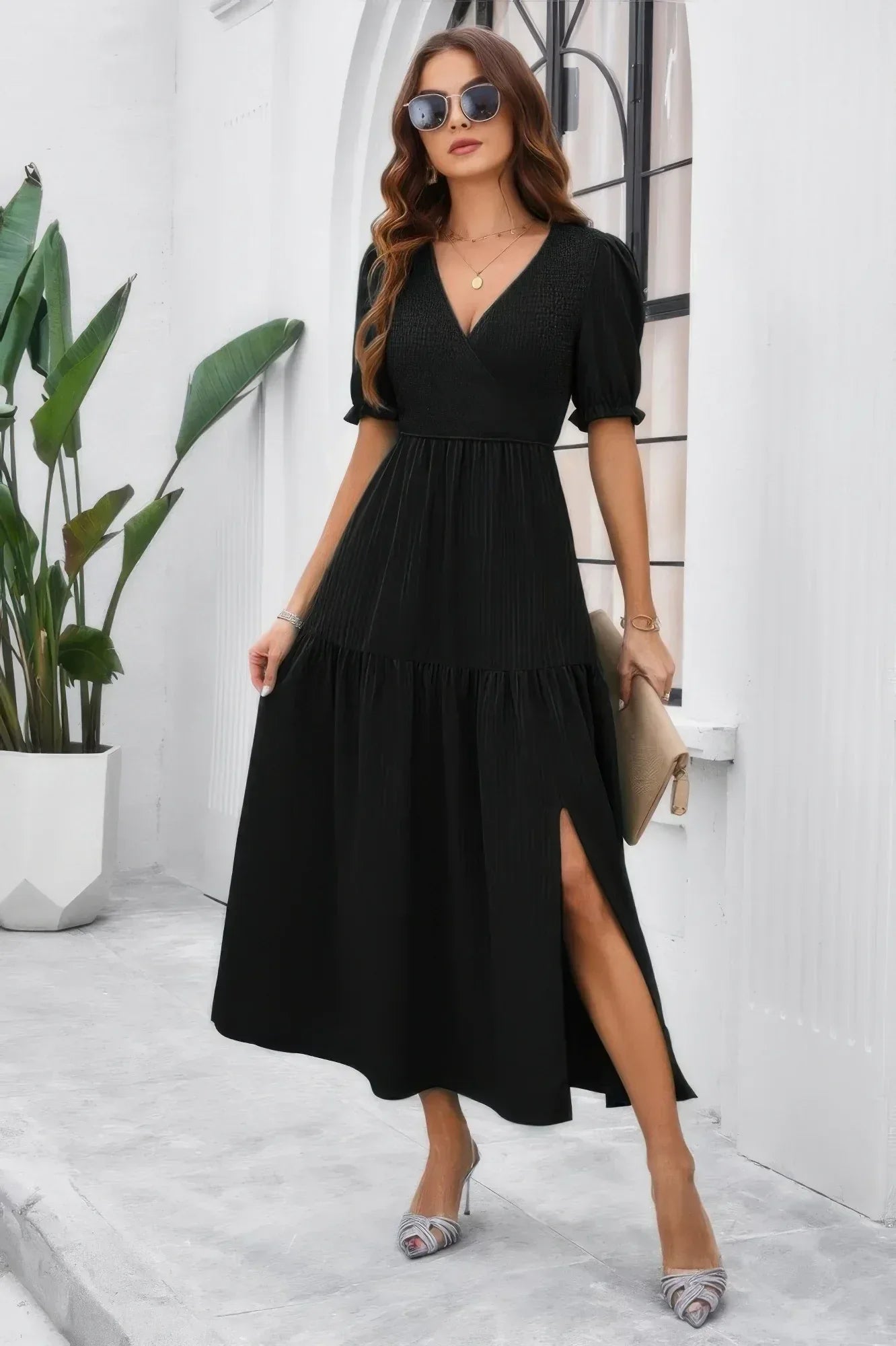 Solid V Neck Ruched High Waist Puff Sleeve Dress | Mixtshop LLC