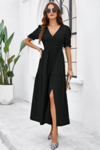 Solid V Neck Ruched High Waist Puff Sleeve Dress | Mixtshop LLC