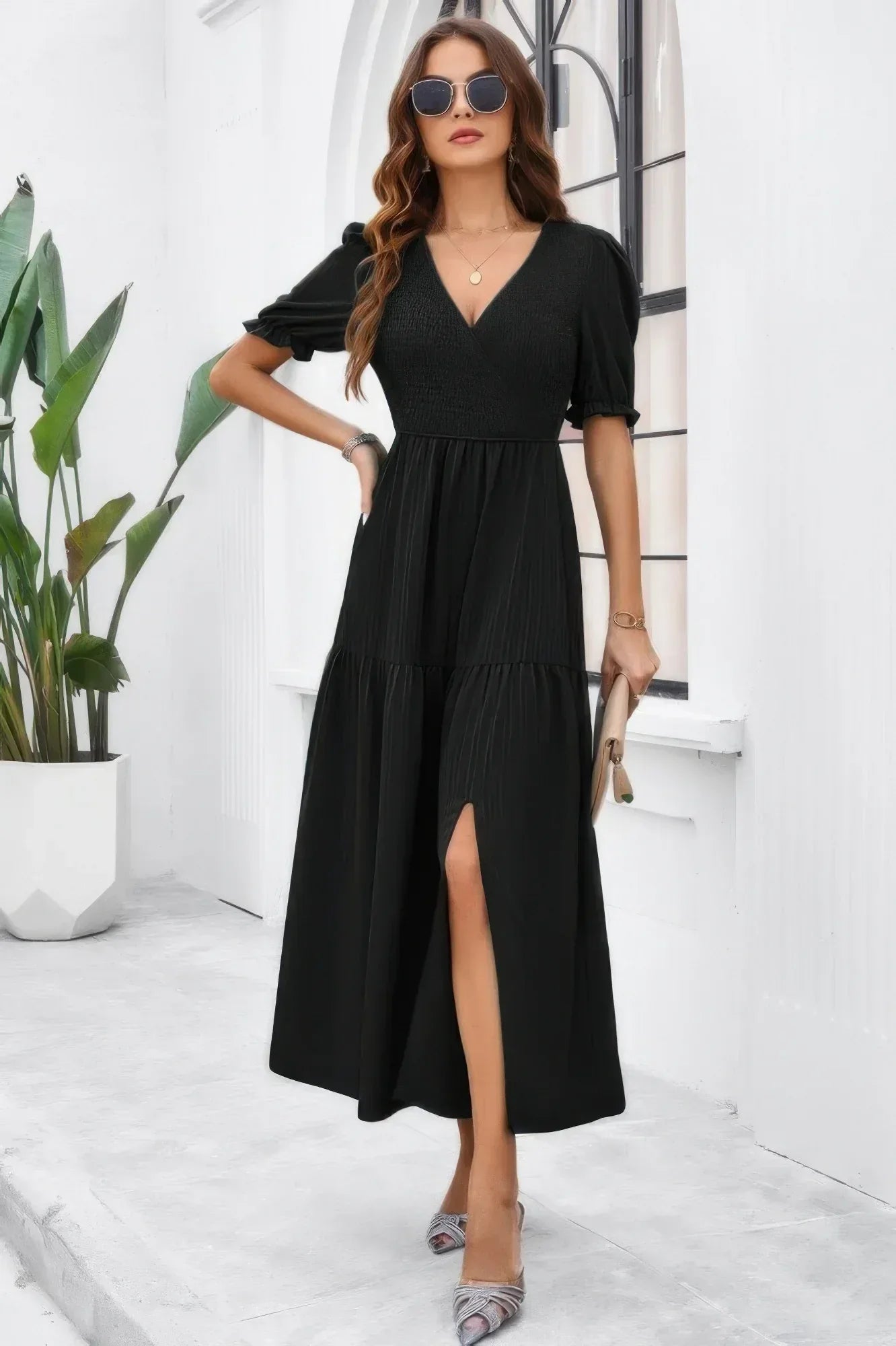 Solid V Neck Ruched High Waist Puff Sleeve Dress | Mixtshop LLC