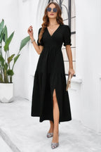Solid V Neck Ruched High Waist Puff Sleeve Dress | Mixtshop LLC